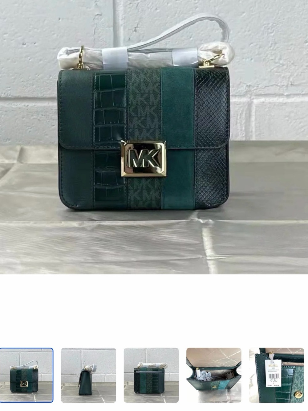 Michael Kors Dark Green Sonia Small Leather Studded Logo Shoulder Bag.